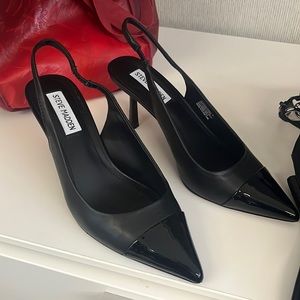 Steve Madden Kling Slingback Heels in Black two tone leather and patent.